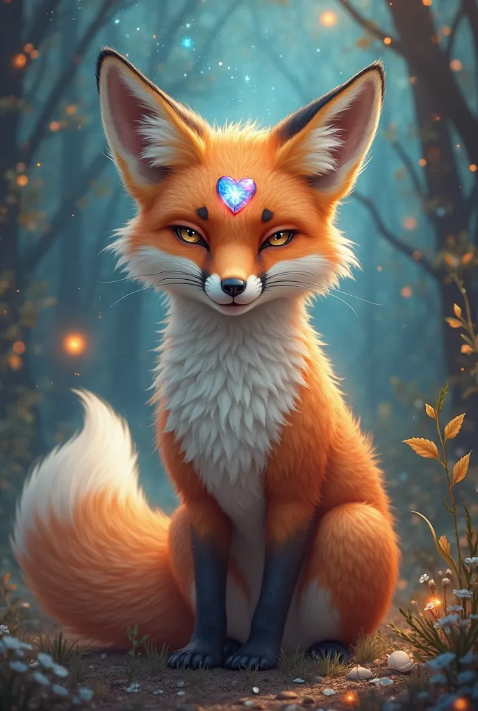 A fox with a cute picture in the style of a wizard in a mysterious place with a starry sky　Has a heart jewel