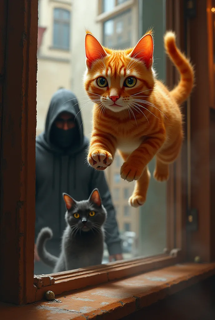 the big Orange cat and little black cat jump out of the window of the restaurant, while the black hooded man looking behind them. 
