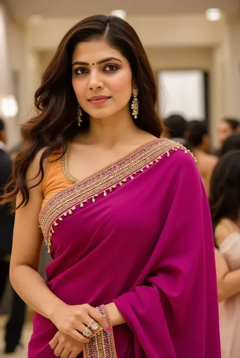 A woman in a vibrant magenta sari, adorned with gold embellishments, stands in a well-lit indoor setting.

The scene is composed with the woman centrally positioned, drawing the viewer's focus.  She is presented in a three-quarter view, and her pose is nat...