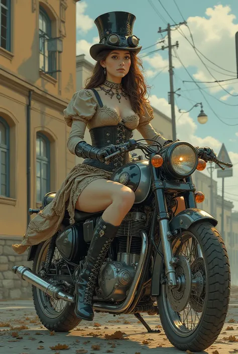 Prompt for a Photorealistic Artistic Image

A young woman dressed in elegant Victorian attire sits in an Amazonian position on a Royal Enfield-style motorcycle. Her body is slightly turned to one side, with both legs placed together on one side of the bike...