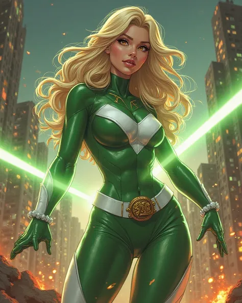 Character reference. A woman with a soul of pure evil and hatred. A fun pose of a blonde haired, brown eyed supervillian woman using her laser powers to destroy a city.  She is wearing a green and white costume that leaves little to the imagination. She is...