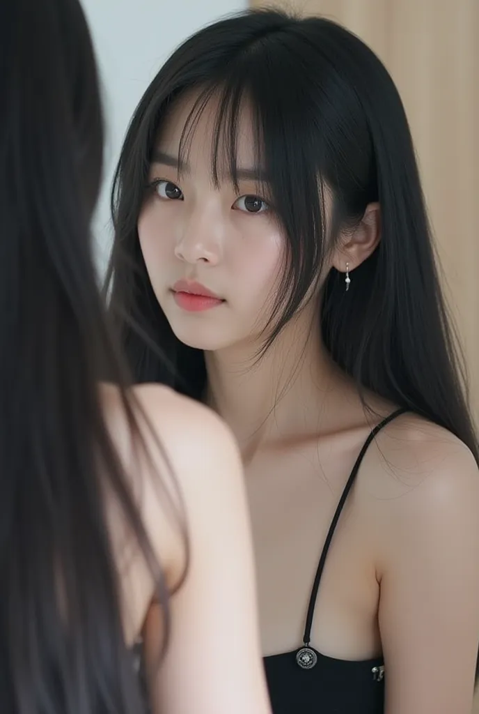 (8k、RAW photo、Highest quality、 masterpiece:1.2),(best quality,mAsterpiece), ( realistic pictures)、RAW photo, ( black hair straight hair、Sex、 Medium Long Hair ),(mirror、selfie、Indoor:1.2)、Slender and slender body