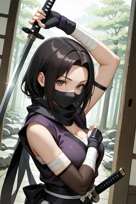 masterpiece, Top Quality,  feet ,  character focus , One person, side angle, upper body, cut, female ninja,  bandage that wraps around my arm,In a pose holding a sword, Dynamic Angle, focus on your face,  Ancient Kyoto