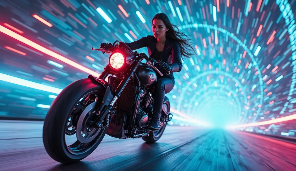 "In a pulsating tunnel of time, where light bends and warps with every passing moment, a woman races through the unknown, her high-tech motorcycle cutting through the very fabric of reality. The tunnel’s walls are alive, shifting with vibrant neon colors—b...