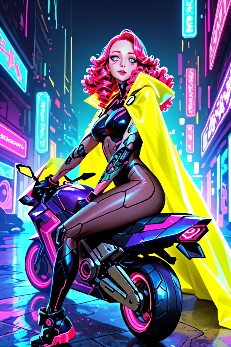 Wear a yellow cape with a psychedelic pattern、A long-haired, freckled woman with pink curly hair in mechanical cyberpunk fashion, gorgeous large accessories - and flashy eye makeup is riding a psychedelic, mechanical cyberpunk motorcycle