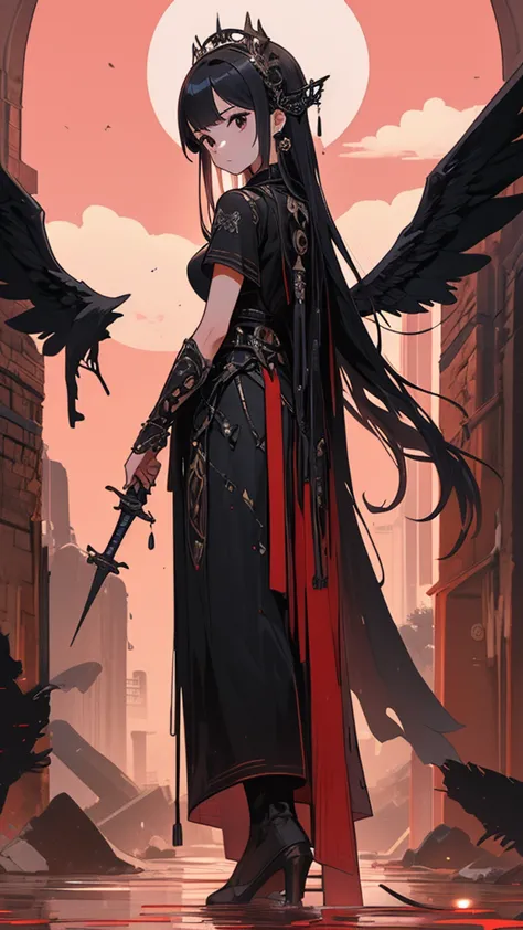 ((Best Quality)), (composition showing the whole body),(Angel Girl with 4 Arms),(Has a Sword in Her Four Arms),(灼熱の如く赤く燃え盛る剣を構えるRin々Beautiful girl),(Three Wings in Jet Black),(the rear ring of a shining angel behind the girl's head),(Girl in armor with a b...