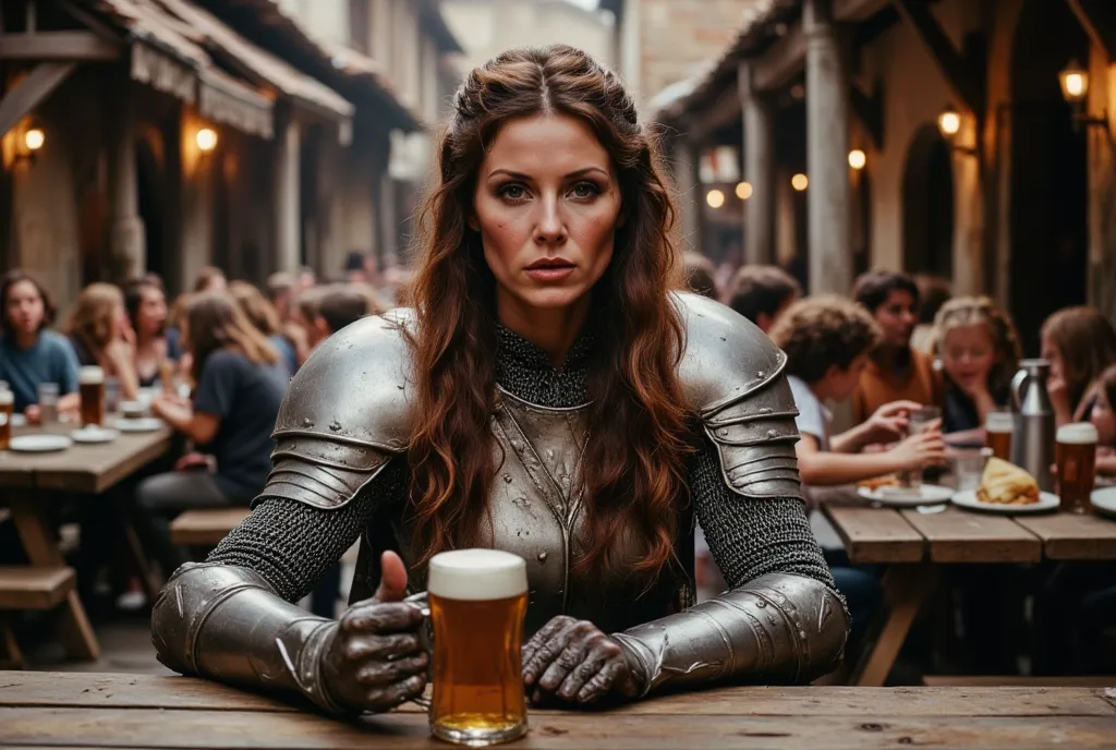 A very matronly caucasian Woman Warrior In platemail armor sitting at a picnic table in a crowded medieval beergarden, Long brown Hair, tanned White Face Skin, brown Eyes, A Sword Weapon resting against the table and a pewter tankard of beer in gloveless h...