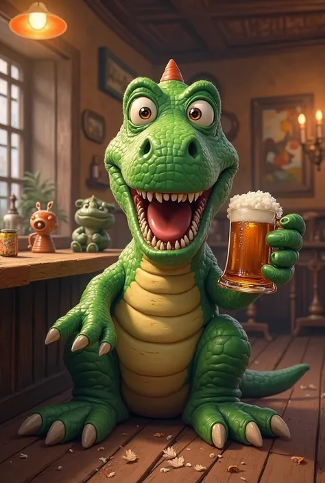 Rex, the character from the movie Toy Story, drinking drunk beer