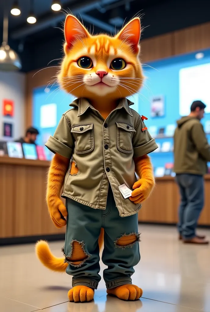 How to get an orange cat in tattered clothes standing like a human at a phone shop to buy a phone