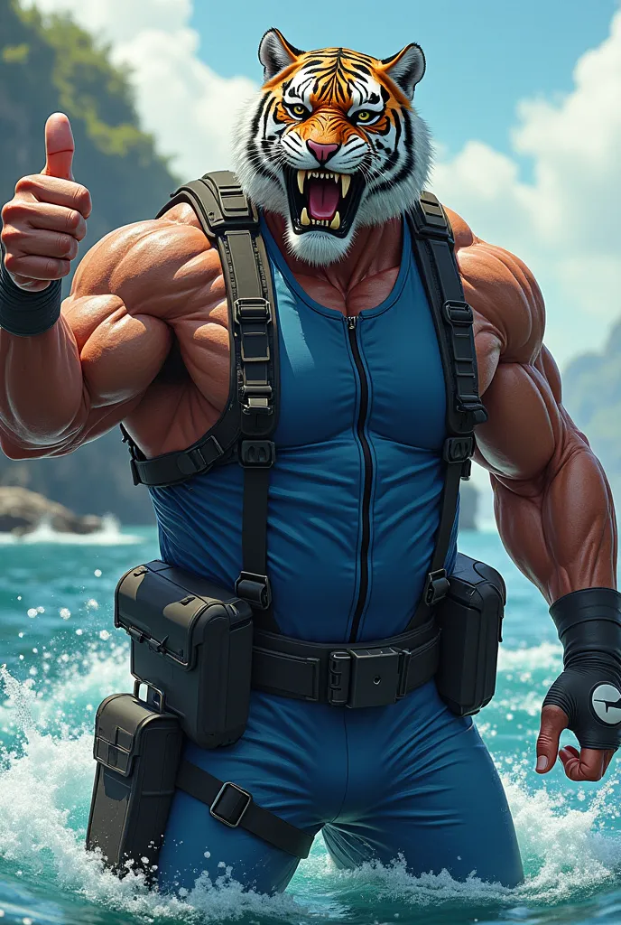 (A rugged beefy extremely muscular bulky old man), (wearing blue fully-zipped fullbody wetsuit with short swimming pants that show his muscular thighs), (wearing realistic roaring tiger mask), thumbs up pose, wearing bulky harness, wearing bulky scuba gear...