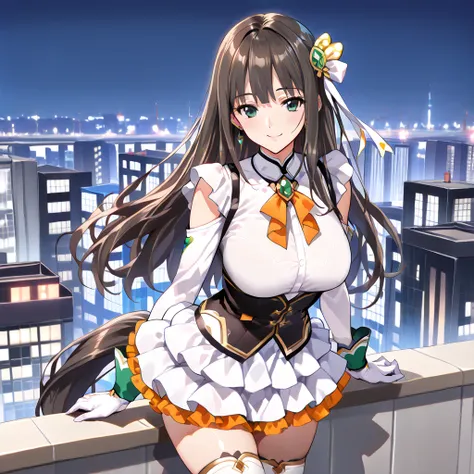 (Masterpiece, Top Quality, Super Detail: 1.5), Super High Quality, Very Beautiful, 8k, Anatomically Correct, Precise, One Woman, solo.Sexy Adult Woman, Gravure Style, Breasts, Smile, Navy Long Straight Hair, Bangs, green eyes,
(magical orange girl outfit,f...