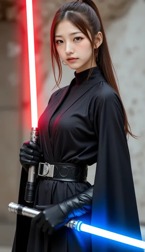 one girl、cowboy shooting、very long hair、ponytail、 heavy makeup、beautiful woman wearing a black Jedi knight costume holding a blue lightsaber., stylish, Hold a red lightsaber,Best Quality、 Super beautiful images