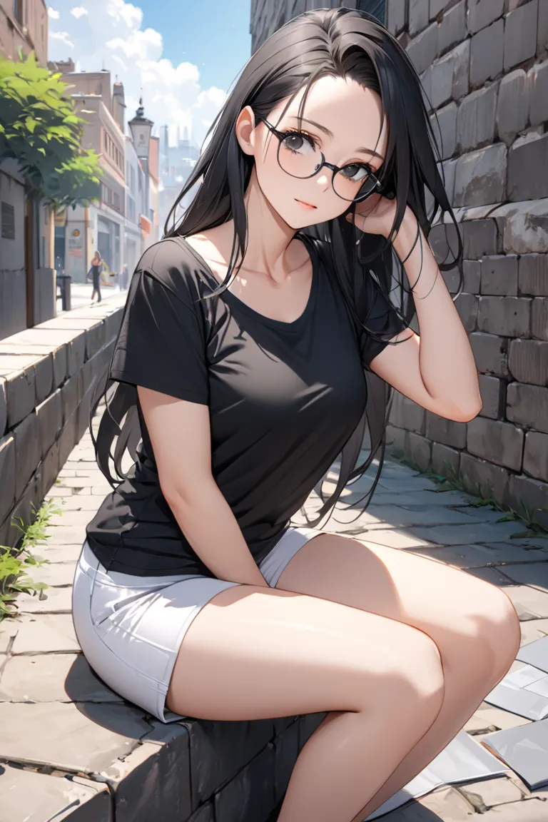 best quality, soft , super detail,  beautiful , 8k, 1 girl , long hair, black hair, outdoor, bright,  clear sky,  mature women, long hair, forehead, Black Eyes, glasses, black t-shirt with white list, in the city walls, collarbone, short sleeve, sit down, ...