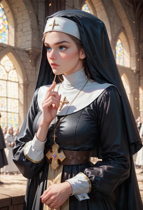 In a medieval setting, an imposing-looking minister dressed in ornate religious garb approaches a young nun. He has an expression of authority and desire, while his hand inappropriately touches her body. The nun, dressed in a traditional habit, displays an...