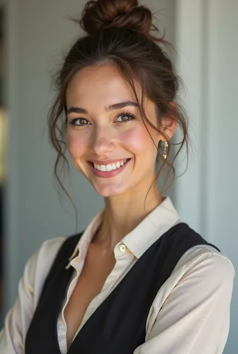 A portrait of a lady wearing a corporate dress with her in a messy bun. Her skin if fair white. She’s bubbly and smile. She looks stunning. 