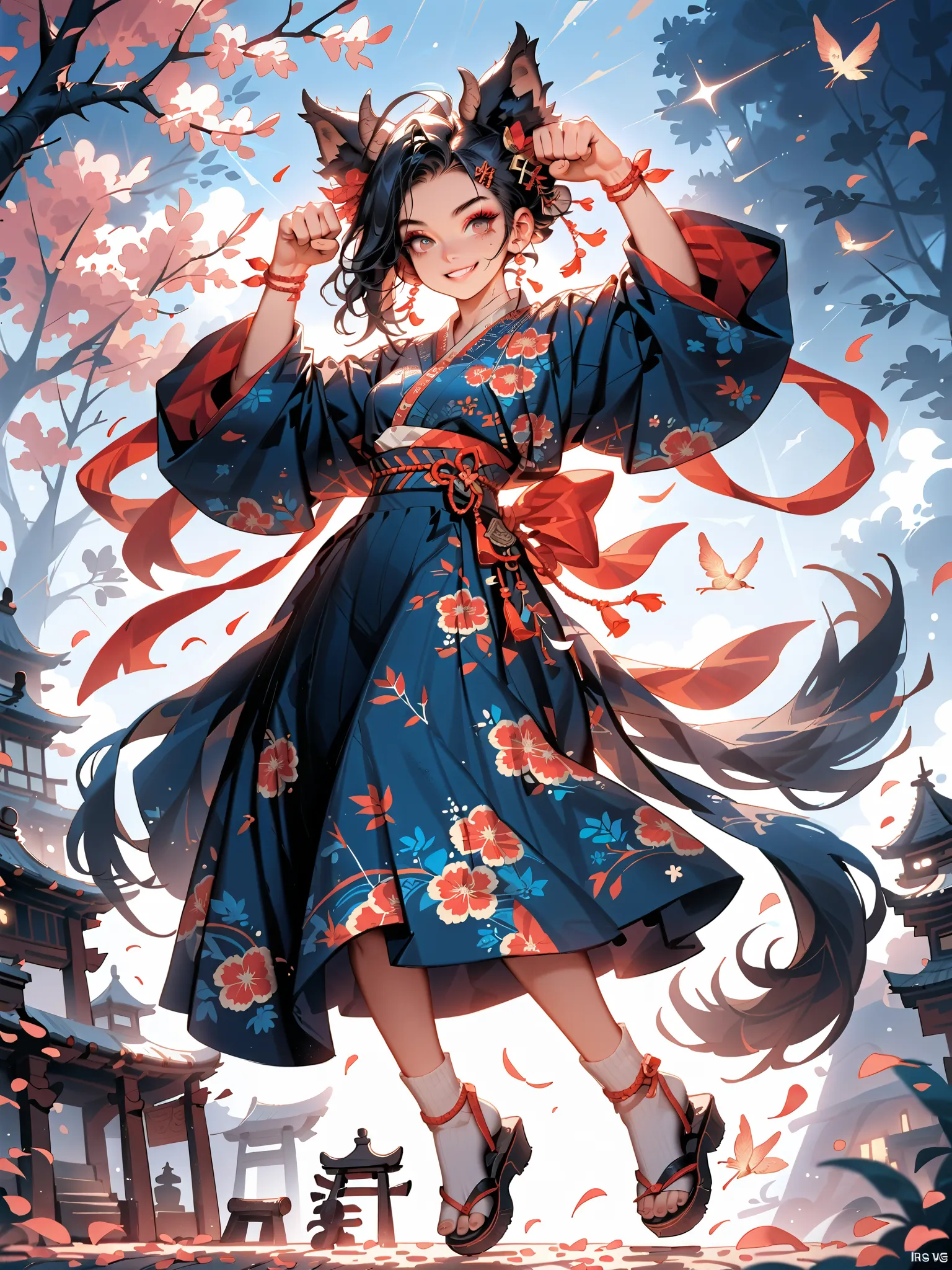 (from front, full body, look at viewer)Young beautiful woman(A smile that invites men,  Beast Ears, black hair,tail,slender,curved proportions）,((jumping,paw pose,dynamic pose))。
(Cherry blossoms and geometric patterns、polyester kimono)、 hairpin、 socks、San...