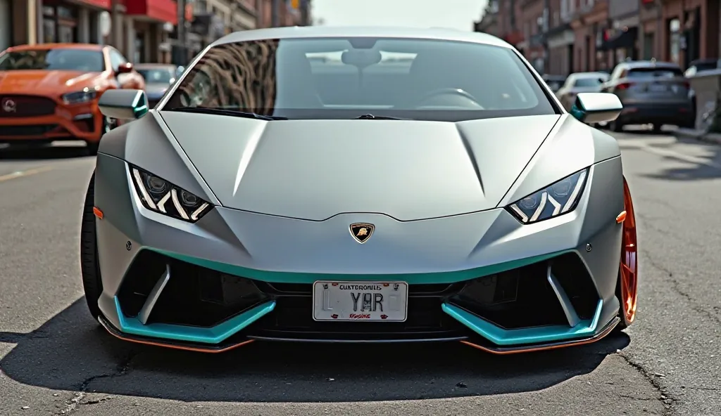 A gray Lamborghini Huracán sports car, positioned in a front view, is featured in the image. The car is a light gray matte finish with contrasting copper-orange rims and teal accents around the exhaust and lower body parts. The car is prominently displayed...