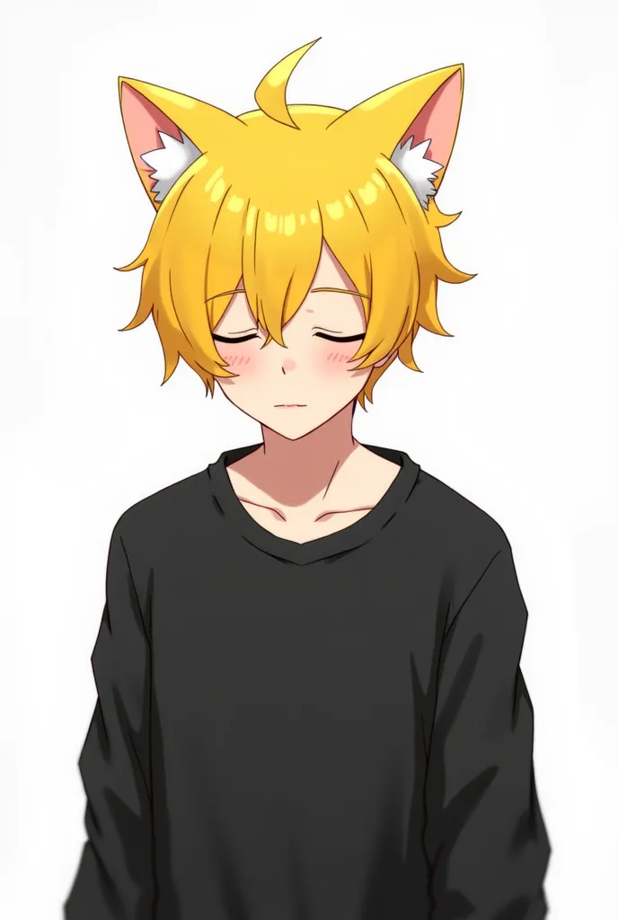 Male anime cartoon yellow hair black sweatshirt closed eyes white background half cat ear 