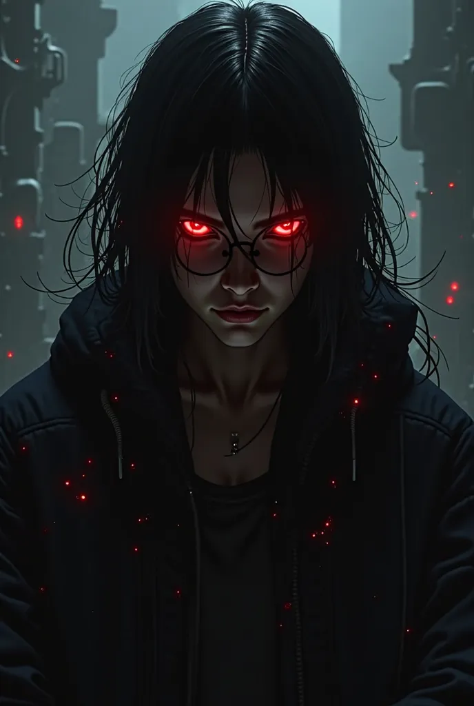 Male character with long chin length hair and round lenses only a silhouette in the dark and that all you notice are the red lenses and the cyber goth background 