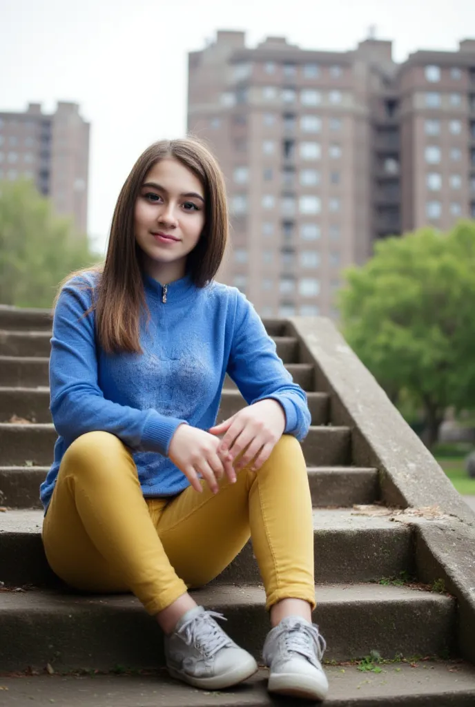 woman sitting on stairs. Has a blue sweater on. Yellow jeans and sneakers In the background you can see the apartment blocks,  style photorealistic ,  sharp focus, very detailed, sunlight, Detail,  full body