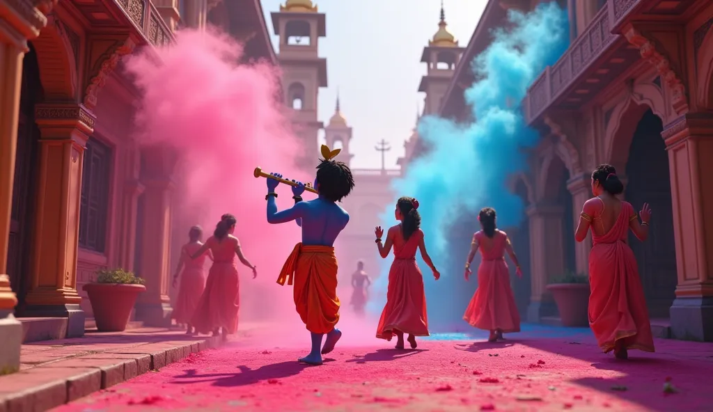 Mystic Streets of Vrindavan During Holi

“A cinematic 3D cartoon-style scene of the vibrant streets of Vrindavan during Holi. The air is filled with swirling clouds of pink, blue, and saffron colors. Krishna’s enchanting flute melody resonates through the ...