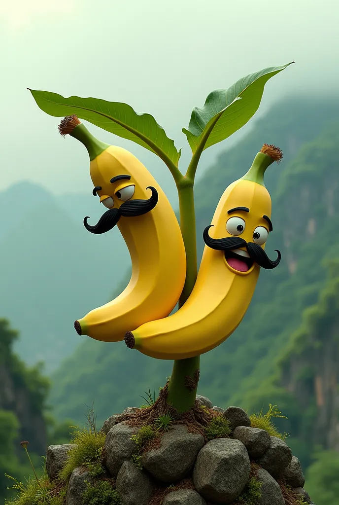 “A surreal banana tree growing on a rocky hill, but instead of normal bananas, two large bananas have human-like cartoon faces with mustaches and expressive eyes. One banana looks serious with a thick mustache, while the other is laughing joyfully. The bac...