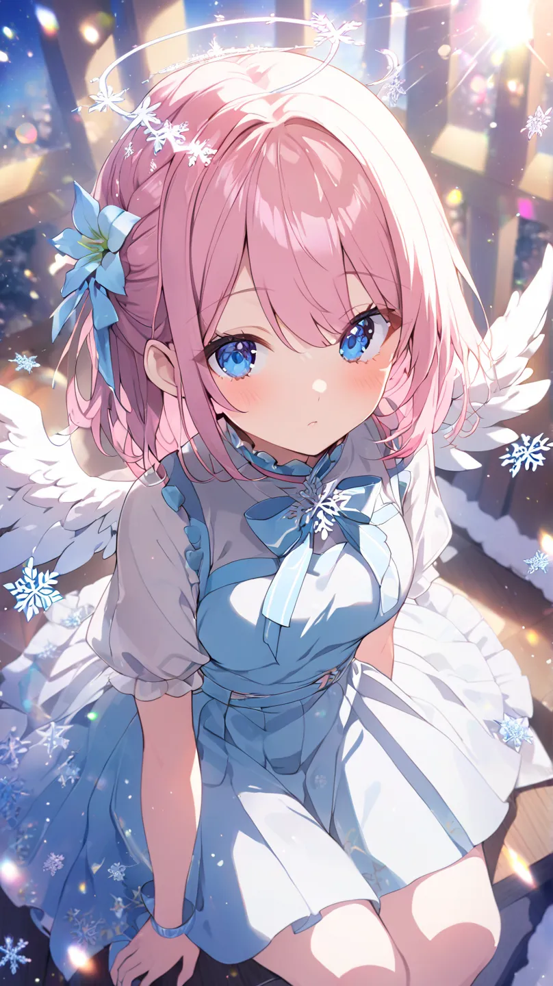 1 girl, Angel、 Snowflakes、church、Lily flower、Blue Eyes, pink hair、sit、 flared skirt seen from below、Angelの羽、Angelの輪、Accessory, from above、Wide angleショット, Wide angle, Dutch Angle, glitter effect, blurred background, lens flare, 