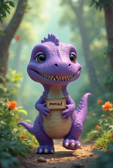 In a vast green forest, a cute purple dinosaur is walking around with a small sign hanging around its neck. The sign says "Monad." Additionally, it has only three fingers on each hand. 