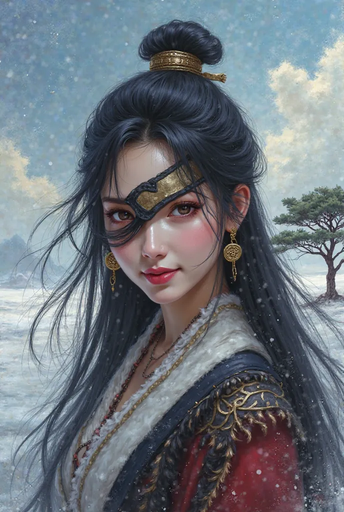 A sexy asian  girl, with a  leather eyepatch，with round earrings，smile，long hair, with pink lips,  tree, sky, snow， ancient