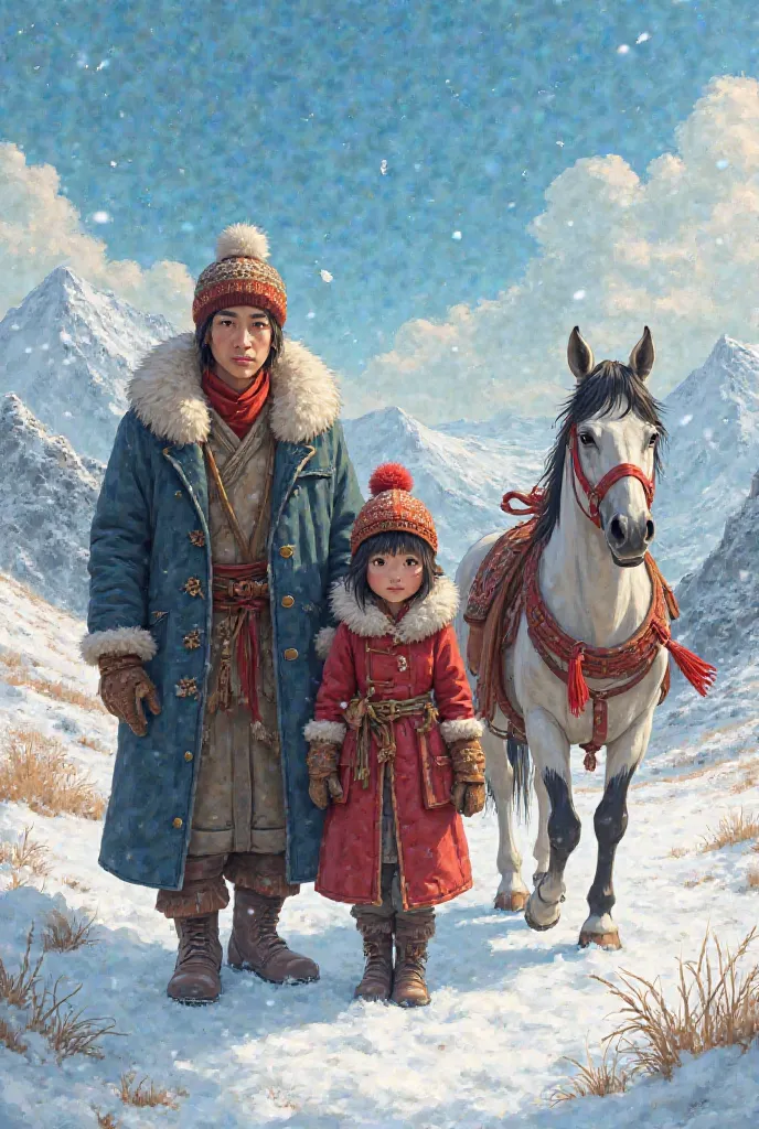 redesign the last pictures so that there are several ren and 2 horses in the background . Just so that everyone has old winter clothes . all Kyrgyz and Chinese