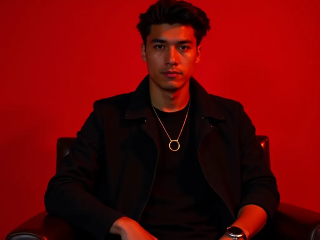 A young man, likely in his late s or early twenties, is seated in a dark brown leather armchair. He has short, dark hair styled in a modern, slightly tousled fashion.  His ethnicity appears to be Latin American. He is wearing a black, slightly oversized, z...