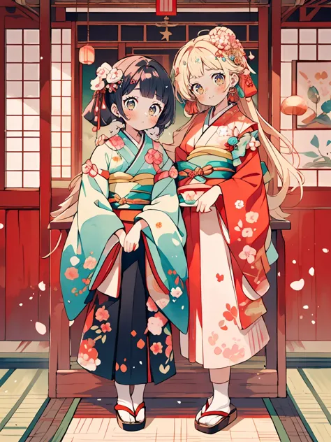 ((masterpiece:1.2)), ((Best Quality:1.2)), 2girls, (court ladies, head on another's shoulder, head tilt, locked arms, like beautiful hina doll,  kimono, having fun at enjoying sake), peach blossoms, Japanese-style room, playing joyfully, bright spring sunl...