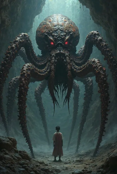 A terrifying mix of an octopus and a spider, with eight long tentacle-like legs covered in chitin, lurking in a dark cave.