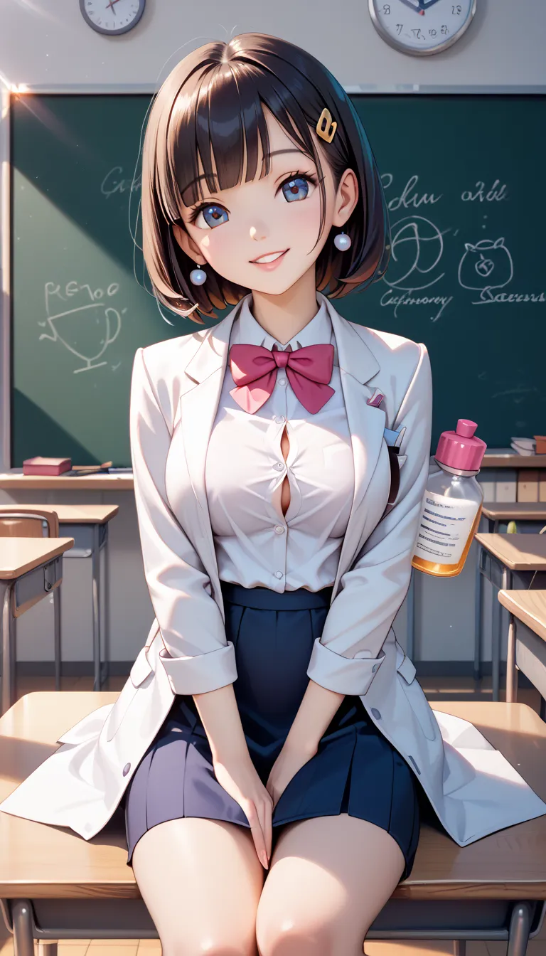 masterpiece, Best Quality,  Extremely Dramatic Picture , beautiful eyes,  Movie lens effect ,  big and beautiful breasts  ,  super cute ,  super sexy, Super Elastic  ,  Super Curve  , (( Slim Body )), ((Science Teacher)), ecchi girl, classroom,  sit at the...