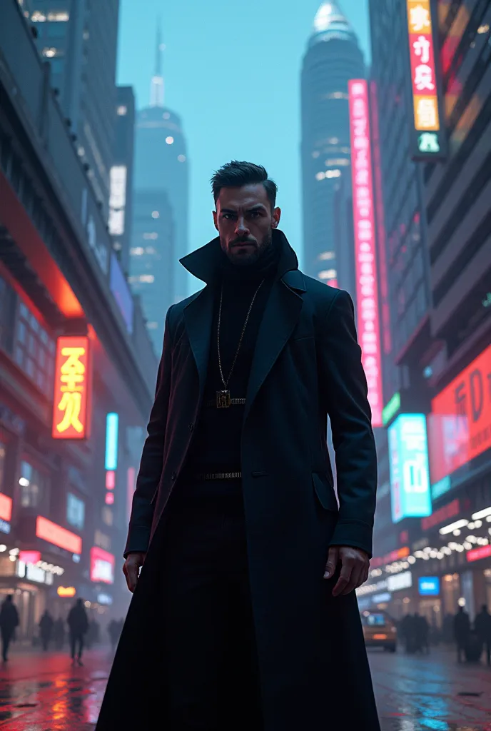 A man, dressed in black, in the middle of a cyberpunk city, High quality, super resulution