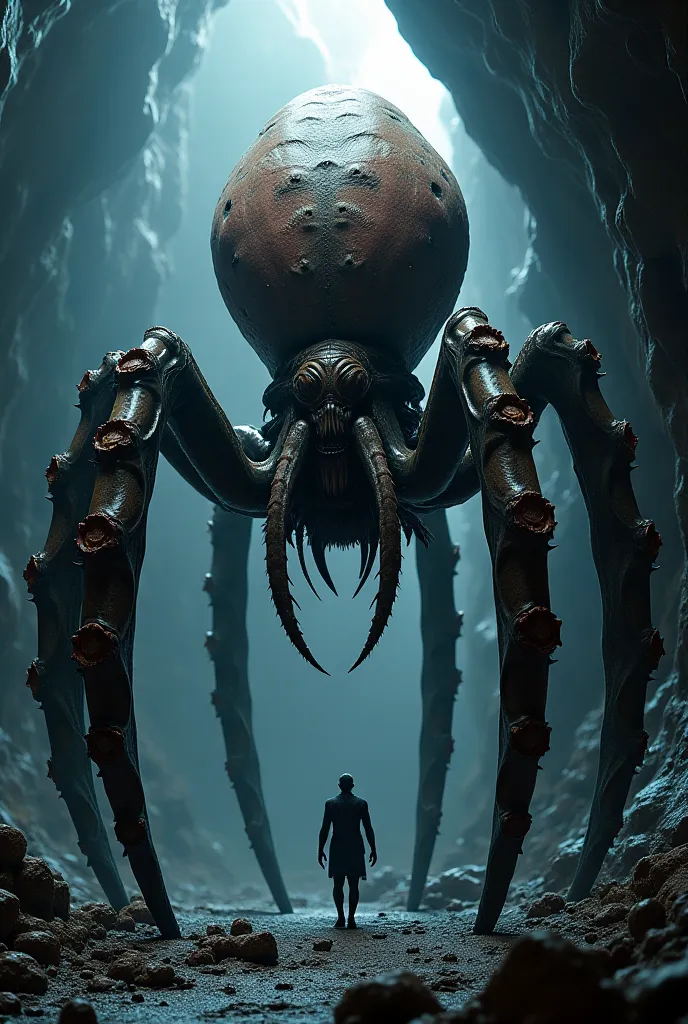 A terrifying mix of an octopus and a spider, with eight long tentacle-like legs covered in chitin, lurking in a dark cave.