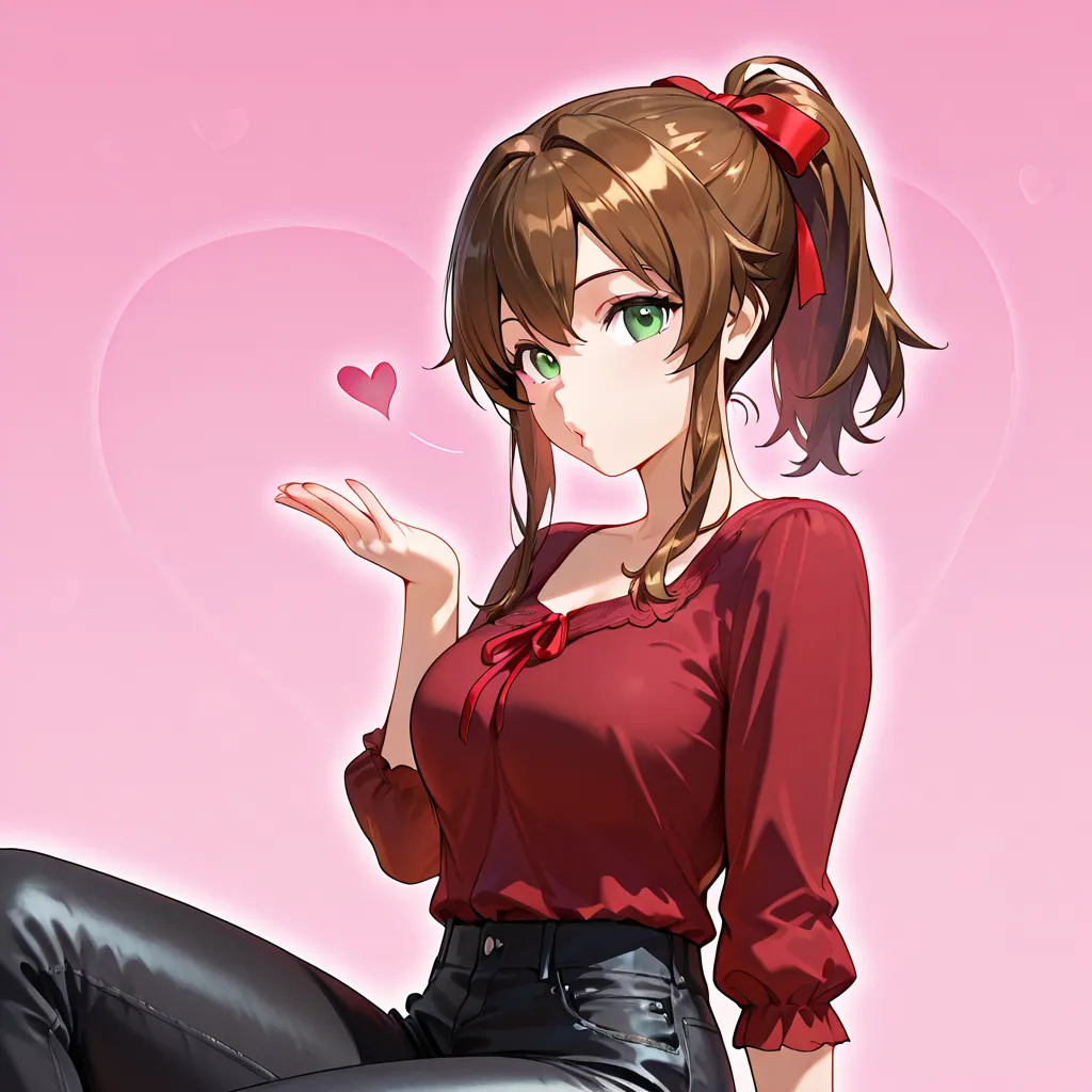 Brown hair, Green Eyes, Breasts, Red Shirt, Solo, Blowing kiss, Ponytail, Red Ribbon, Flowy Hair, Red Blouse, Black Jeans, Pink Backround, Looking at viewer, Hearts, Alone, 1girl, Sitting Down, Hair Ribbon