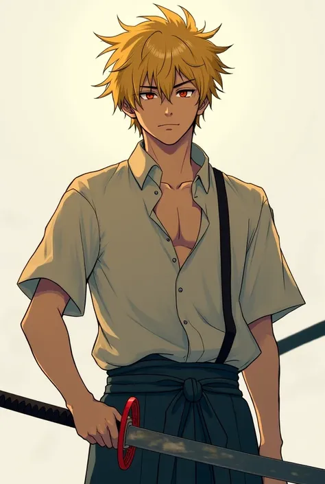 (On the other side, Zenitsu Agatsuma stands with his sword tightly gripped. His golden hair, messy and unkempt, sways slightly in the wind. His usual fearful expression is gone—replaced with an unreadable calm. His breathing slows, his body poised like a d...