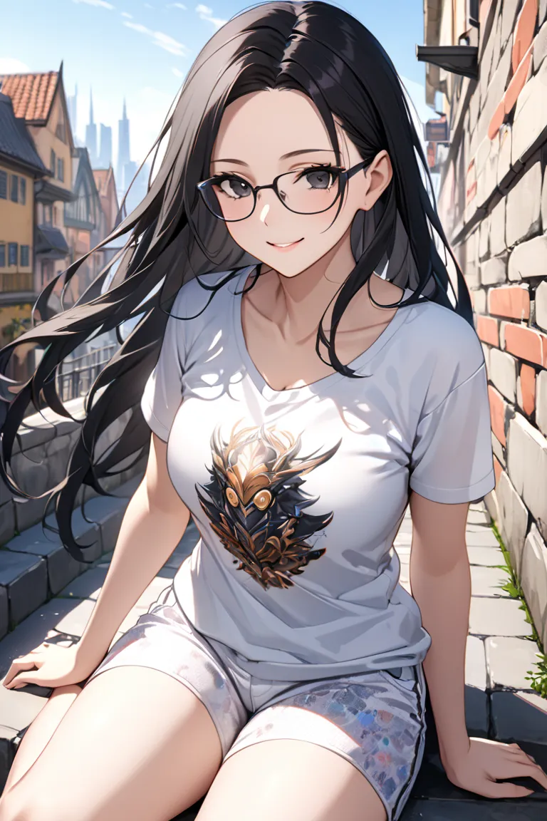 best quality, soft , super detail,  beautiful , 8k, 1 girl , long hair, black hair, outdoor, bright,  clear sky,  mature women, long hair, forehead, Black Eyes, glasses, kaos hitam with printed, in the city walls, collarbone, short sleeve, sit down,  white...