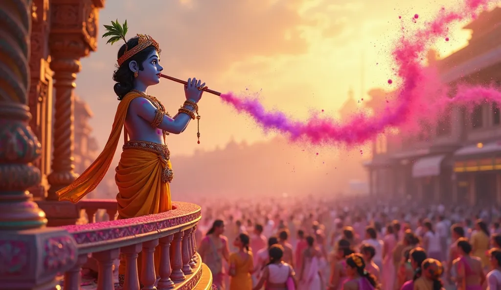 Krishna’s Flute Spreading the Colors of Devotion

“A breathtaking cinematic 3D cartoon scene where Lord Krishna, standing on a beautifully decorated balcony in Vrindavan, plays his flute. As he plays, streams of glowing Holi colors—pink, purple, and golden...