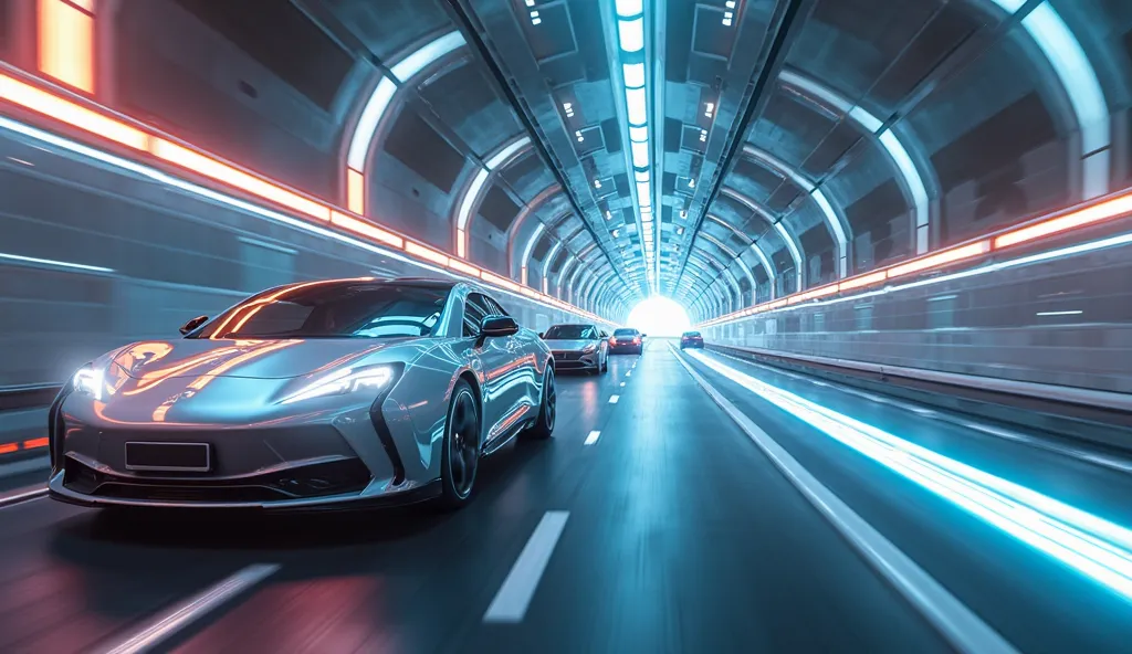 A futuristic tunnel with electric cars driving at high speed ,  illustrating The Boring Company's vision to end traffic.
