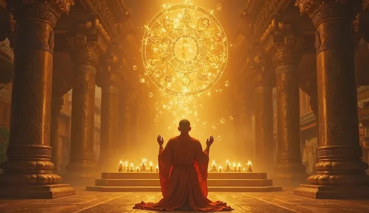 "A hidden temple bathed in an ethereal golden light. At the center, an ancient altar holds a glowing Pisces zodiac symbol. A monk in orange robes kneels before it, his hands raised as luminous symbols of prosperity and luck swirl around him in the air."

