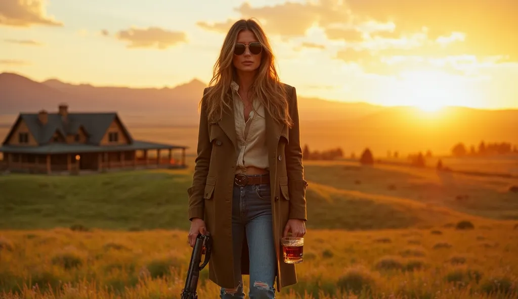 Montana, golden sunset. In the distance is a luxurious ranch surrounded by green hills. In the center of the stage is Melania Trump in an elegant but practical outfit: leather boots, jeans and a stylish jacket. A glass of whiskey in one hand, a hunting rif...