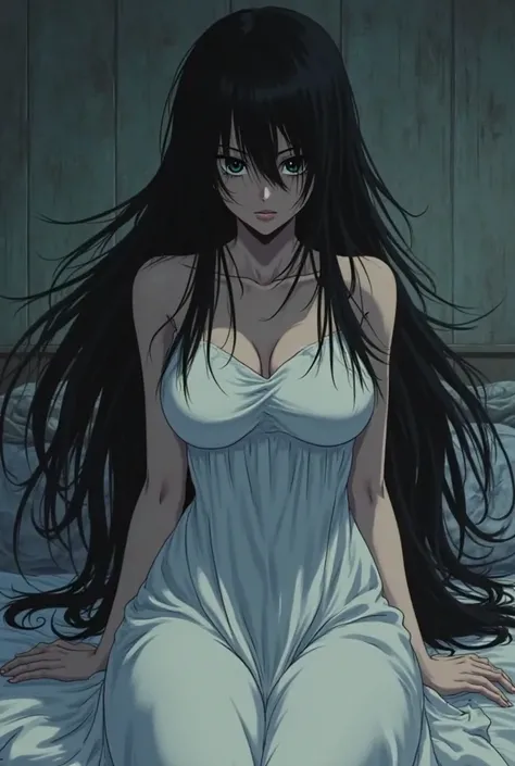 (Sadako the Ring) Anime style, Huge ass,Huge breasts, white dress, hair covering eyes Messy long black hair, terror atmosphere, sensual expression, (setting is a bedroom) Sadako is in a threatening position 