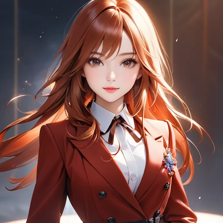 FINALFantasy,A beautiful and Brightness young business woman. fox Essence, The background is minimalistic, emphasizing her presence. british red brown outfit,Extraordinary fashon, The image should be refined, realistic, and high-quality, with a soft lighti...