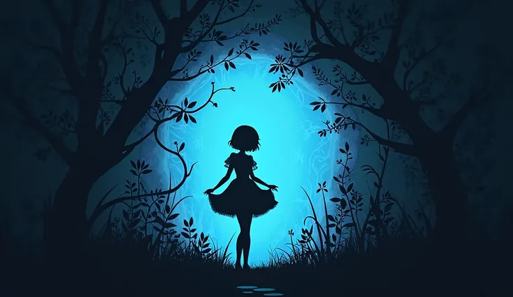 (Silhouette Art,Anime Beauty) (((paper craft,A world where only black exists:1.3)background、Fantastic light blue light