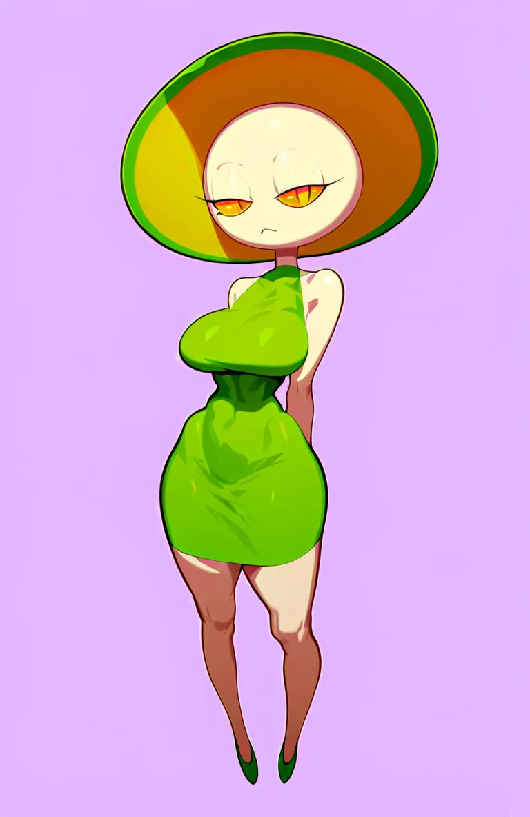 Woman, Female,Round Head,  White Skin,breasts,whole body, Narrow eyes,Half-closed eyes,yellow eyes,Green Dress,short tight dress, Tall, long legs ,closed mouth,big mouth,big breasts,green Capeline hat,from front,Calmly mischievous face,long leg,long arm,wi...