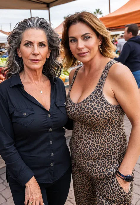 Tight angle front view shot of two female suburban women. Shopping in the farmers' market. Barbara Eimtich is a big titty middle-aged 63-year-old housewife and Silvia Eimrich is Her 28-year-old young mother daughter. Well-dressed in a desert town, zoomed o...