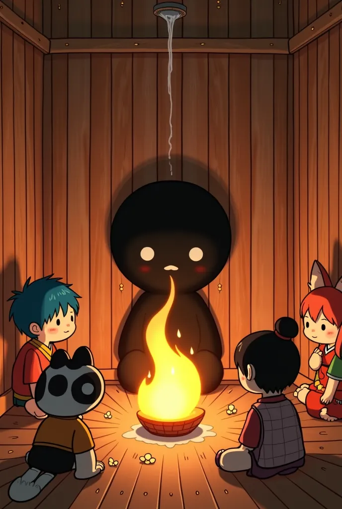 Inside sauna, black round silhouette doll covered with flame as heat source in center of sauna, water poured over doll and waxing, blue-haired boy enduring heat, panda boy, fox-eared maiden, girl with hair in a bun, illustration, animation