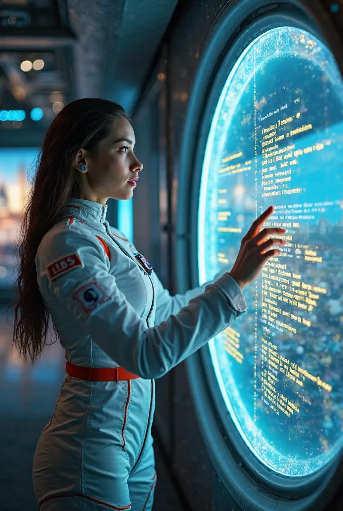 “Astronaut girl on high-tech space station coding on futuristic hologram screen. In the background, through a large window, a stunning view of the Earth and deep space and a large mosque are reflected. A modern, wearing a stylish space suit. Holographic co...